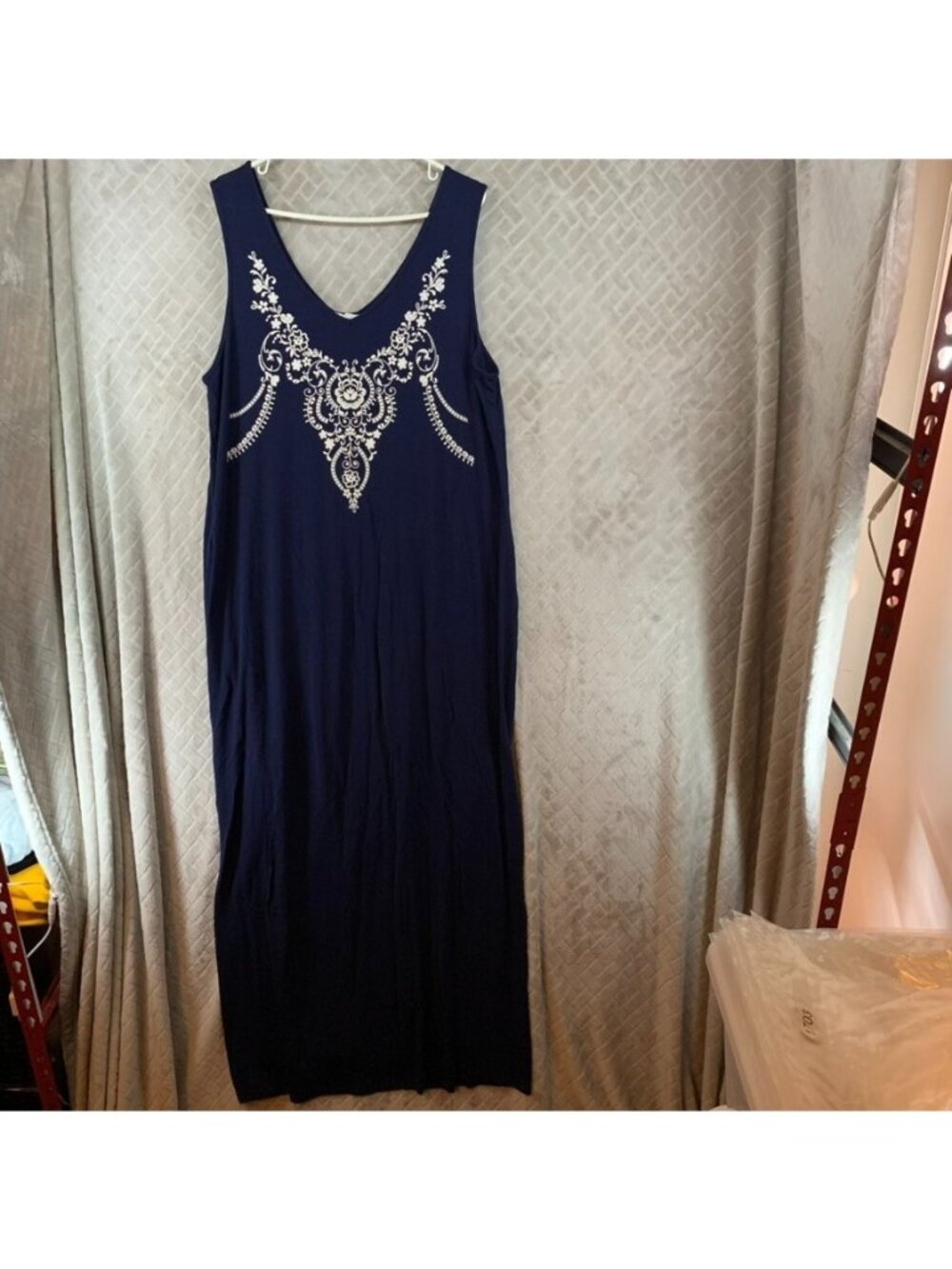 Just Found Maxi Dress Womens 2x Navy Blue Embroidered Relaxed Fit Boho V Neck